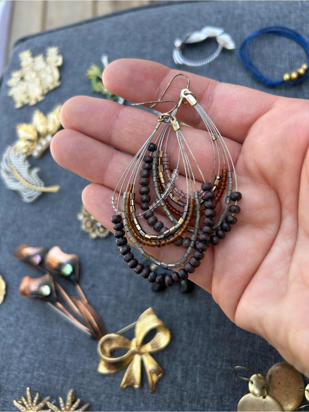 Beaded Multi-Strand Teardrop Earrings - Brown